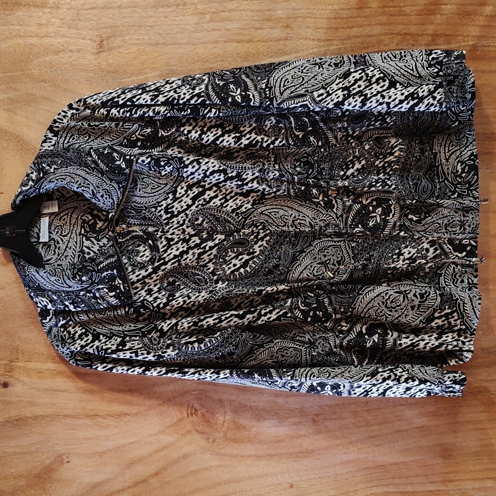 Zenergy By Chico's Cinch Waist Jacket Black White Paisley Stretch Zip Front XL